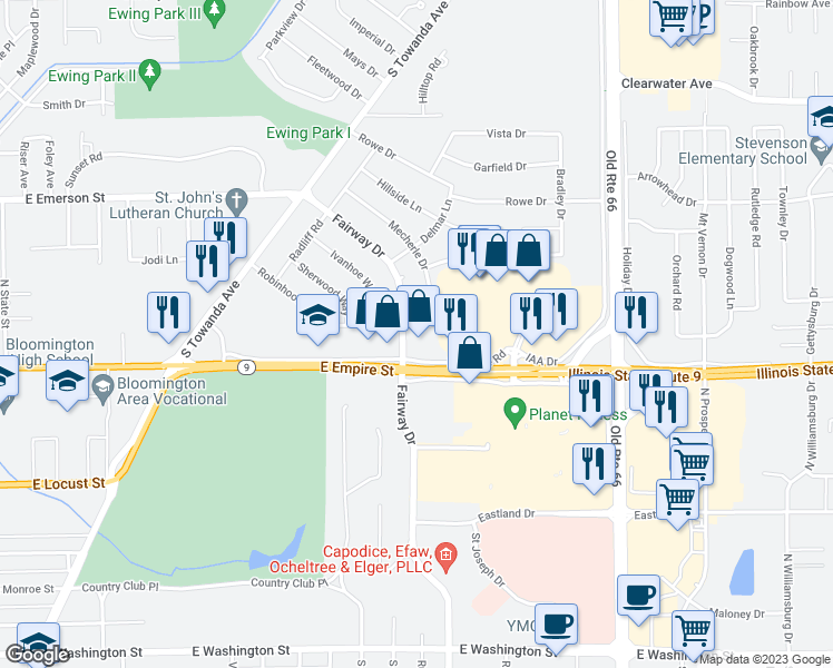 map of restaurants, bars, coffee shops, grocery stores, and more near 303 Robinhood Lane in Bloomington