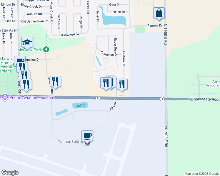 map of restaurants, bars, coffee shops, grocery stores, and more near 3216 Gerig Drive in Bloomington