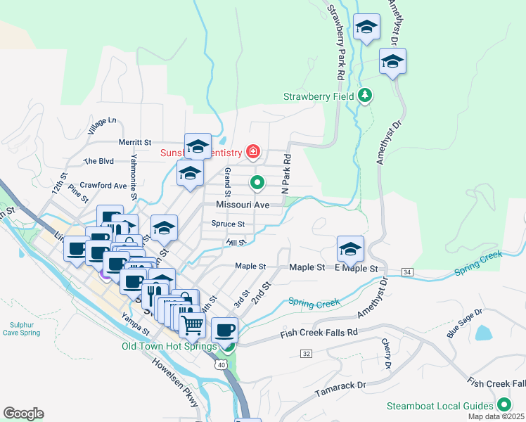 map of restaurants, bars, coffee shops, grocery stores, and more near 45 Missouri Avenue in Steamboat Springs