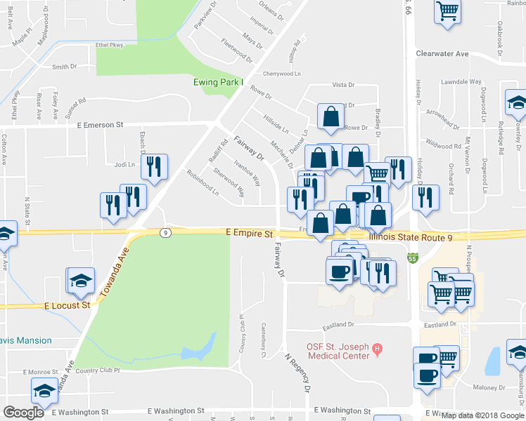map of restaurants, bars, coffee shops, grocery stores, and more near 237 Robinhood Lane in Bloomington