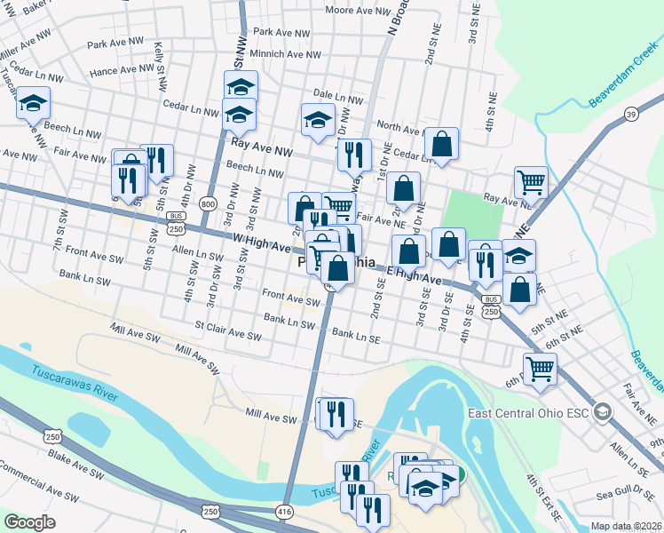 map of restaurants, bars, coffee shops, grocery stores, and more near in New Philadelphia