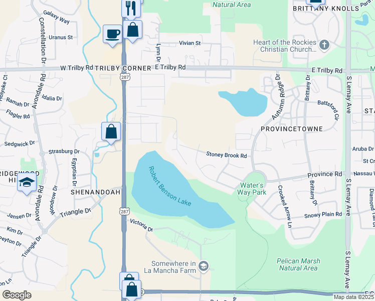 map of restaurants, bars, coffee shops, grocery stores, and more near 365 Stoney Brook Road in Fort Collins