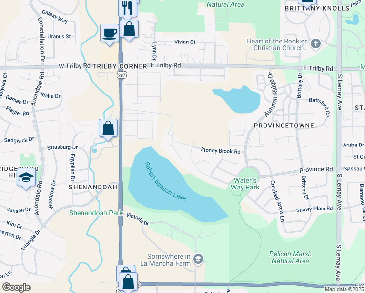 map of restaurants, bars, coffee shops, grocery stores, and more near 365 Stoney Brook Road in Fort Collins