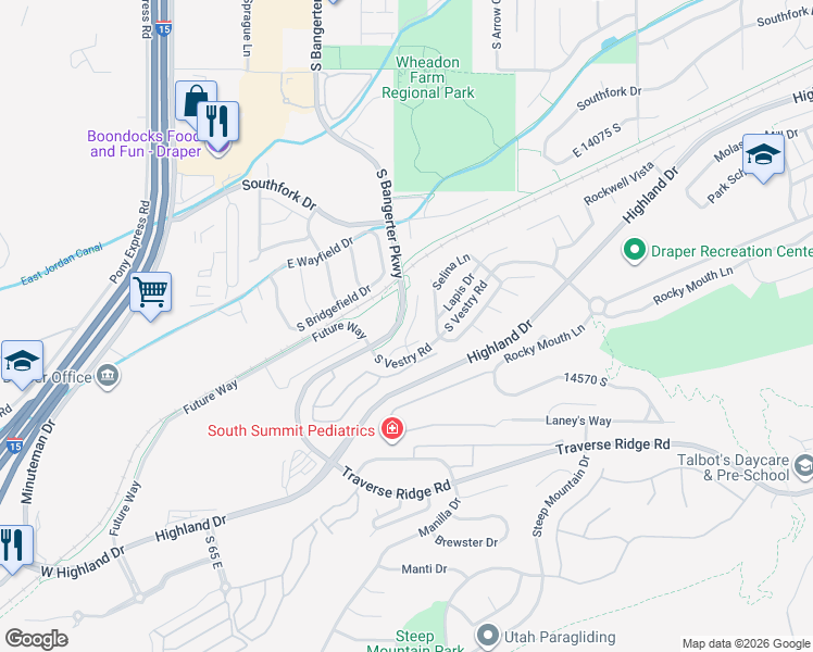 map of restaurants, bars, coffee shops, grocery stores, and more near 14392 South Champ Cove in Draper
