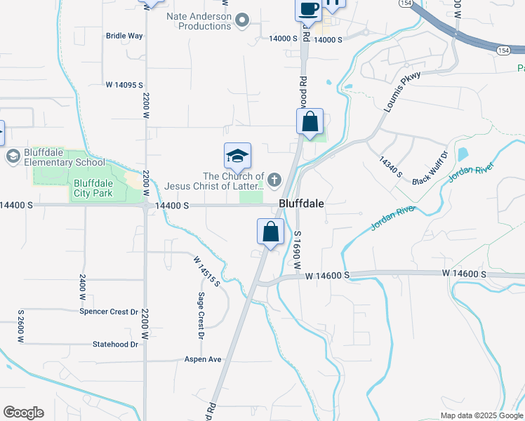 map of restaurants, bars, coffee shops, grocery stores, and more near 1817 14400 South in Bluffdale