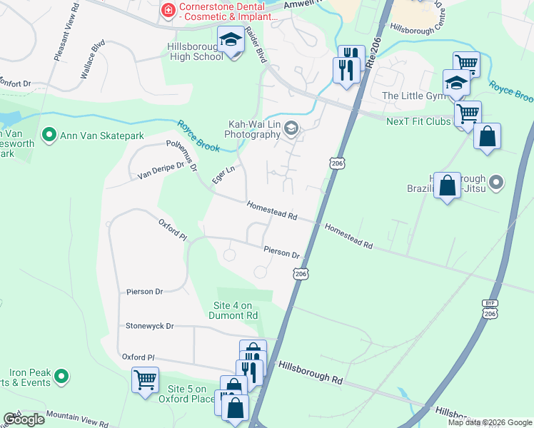 map of restaurants, bars, coffee shops, grocery stores, and more near 336 Homestead Road in Hillsborough Township
