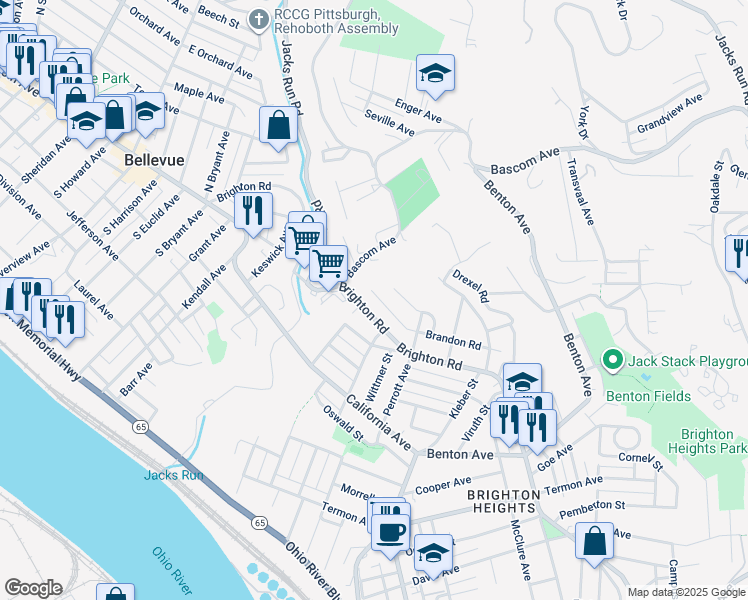 map of restaurants, bars, coffee shops, grocery stores, and more near 4065 Brandon Road in Pittsburgh