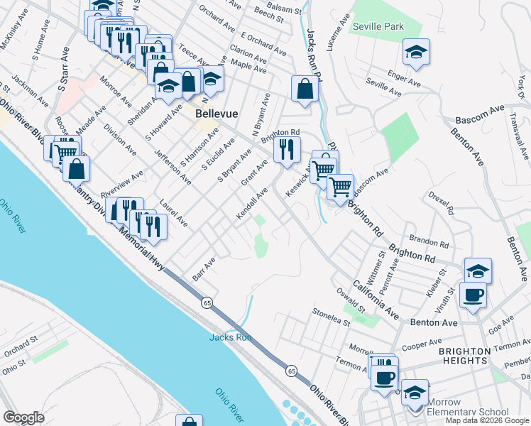 map of restaurants, bars, coffee shops, grocery stores, and more near 131 Washington Avenue in Pittsburgh