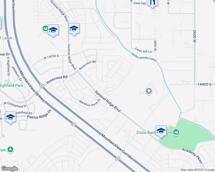 map of restaurants, bars, coffee shops, grocery stores, and more near 14414 South Miners View Court in Herriman