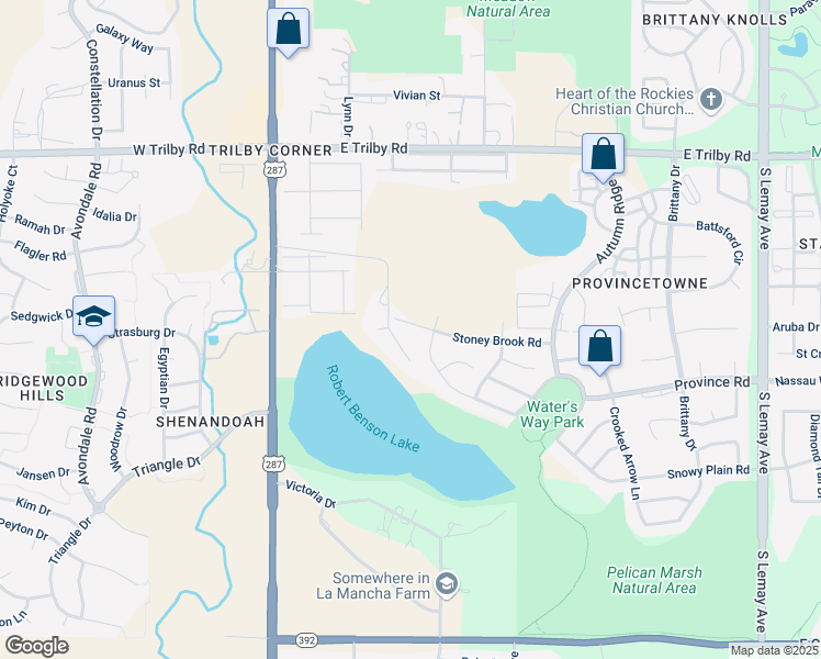 map of restaurants, bars, coffee shops, grocery stores, and more near 365 Stoney Brook Road in Fort Collins