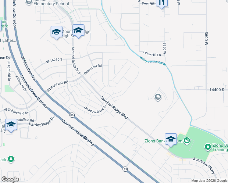 map of restaurants, bars, coffee shops, grocery stores, and more near 14414 South Miners View Court in Herriman