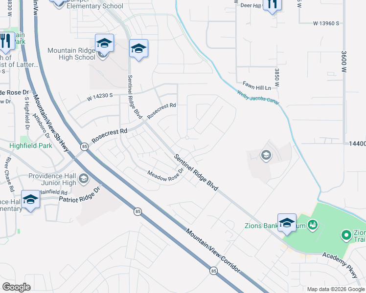 map of restaurants, bars, coffee shops, grocery stores, and more near 14414 South Abbey Bend Lane in Herriman