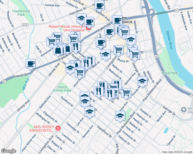 map of restaurants, bars, coffee shops, grocery stores, and more near in New Brunswick