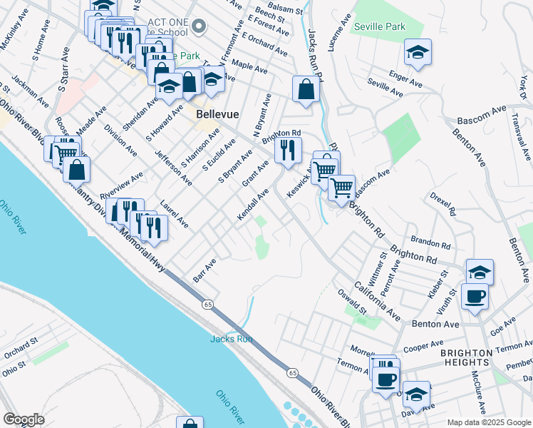 map of restaurants, bars, coffee shops, grocery stores, and more near 131 Washington Avenue in Pittsburgh