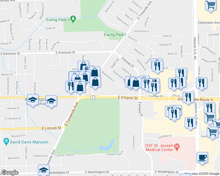 map of restaurants, bars, coffee shops, grocery stores, and more near 1312 East Empire Street in Bloomington