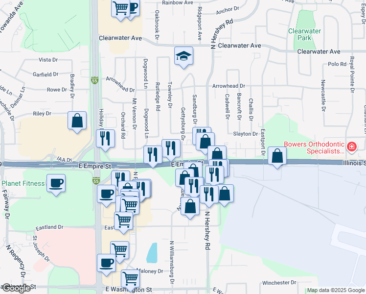 map of restaurants, bars, coffee shops, grocery stores, and more near 2111 Todd Drive in Bloomington