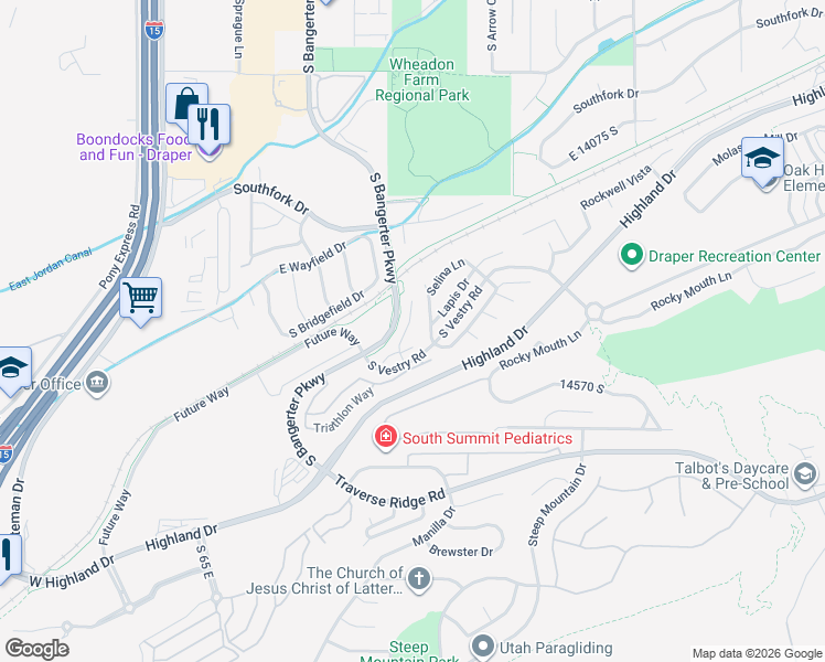 map of restaurants, bars, coffee shops, grocery stores, and more near 14383 South Champ Cove in Draper