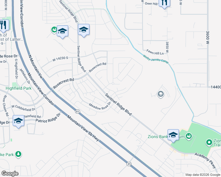map of restaurants, bars, coffee shops, grocery stores, and more near 14414 South Abbey Bend Lane in Herriman
