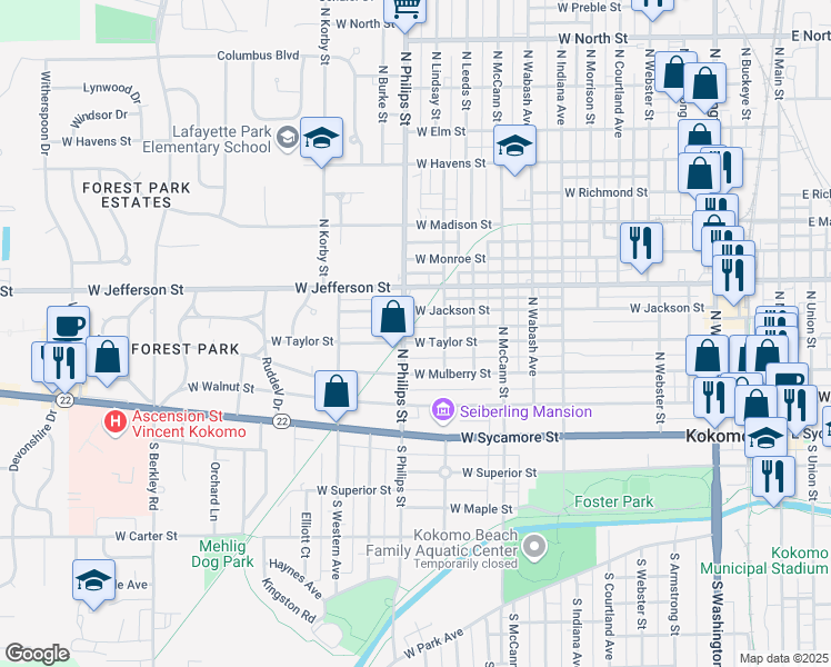 map of restaurants, bars, coffee shops, grocery stores, and more near 1222 West Taylor Street in Kokomo
