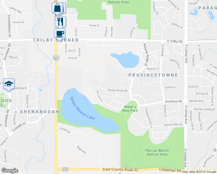 map of restaurants, bars, coffee shops, grocery stores, and more near 408 Stoney Brook Road in Fort Collins
