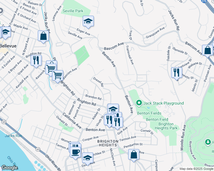 map of restaurants, bars, coffee shops, grocery stores, and more near 1275 San Pedro St in Pittsburgh