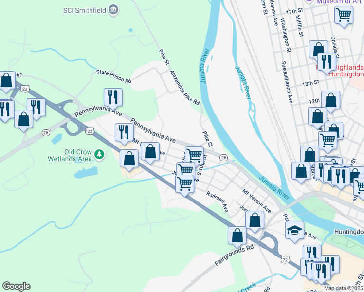 map of restaurants, bars, coffee shops, grocery stores, and more near 1110 Pennsylvania Avenue in Huntingdon