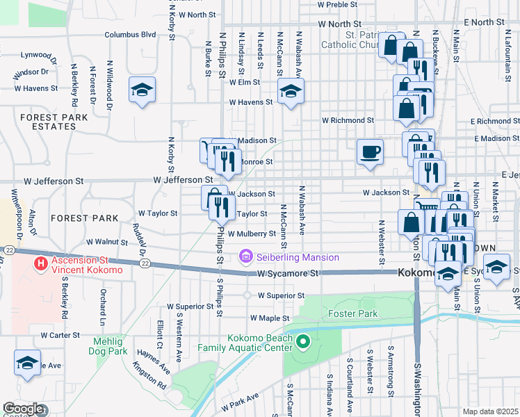 map of restaurants, bars, coffee shops, grocery stores, and more near 1102 West Taylor Street in Kokomo