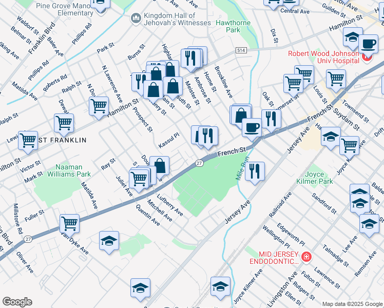 map of restaurants, bars, coffee shops, grocery stores, and more near 16 Henry Street in Franklin Township