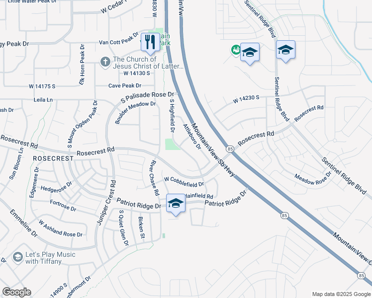 map of restaurants, bars, coffee shops, grocery stores, and more near 14417 South Highfield Drive in Herriman