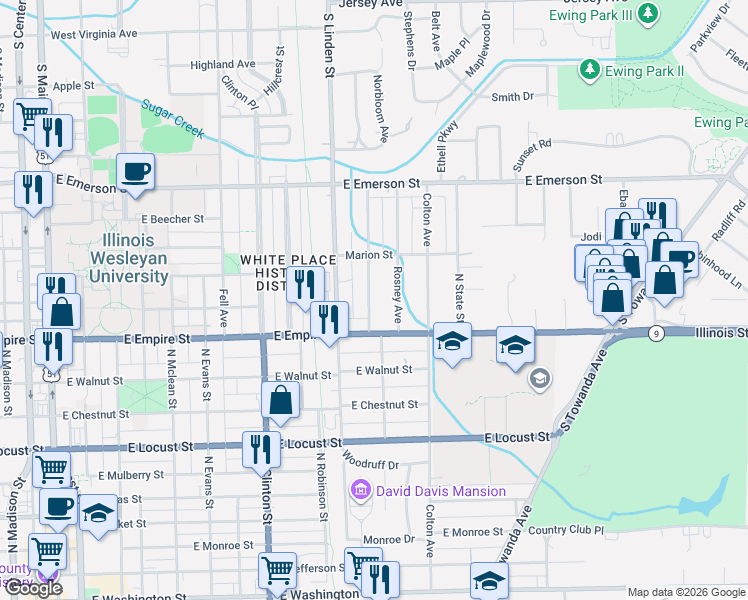 map of restaurants, bars, coffee shops, grocery stores, and more near 1115 Eastholme Avenue in Bloomington