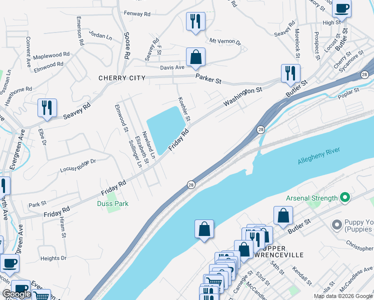 map of restaurants, bars, coffee shops, grocery stores, and more near 628 Friday Road in Pittsburgh