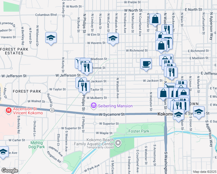 map of restaurants, bars, coffee shops, grocery stores, and more near 1002 West Taylor Street in Kokomo