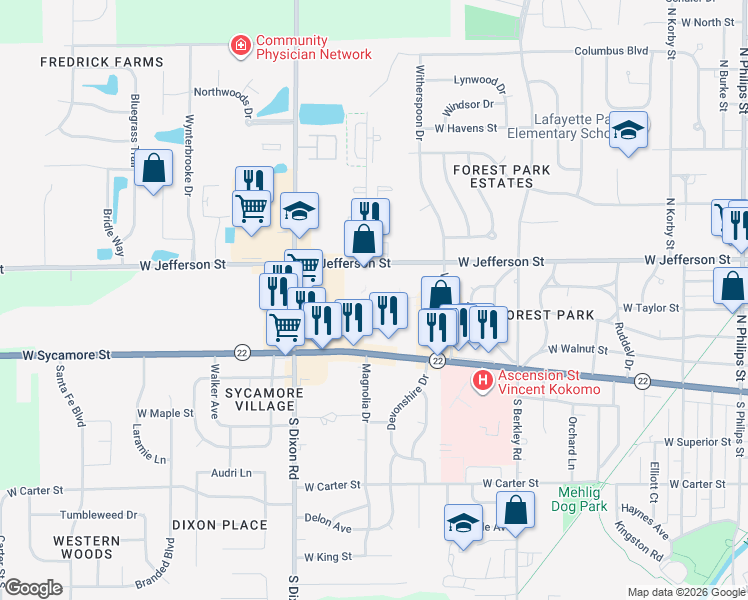 map of restaurants, bars, coffee shops, grocery stores, and more near 2241 West Jefferson Street in Kokomo