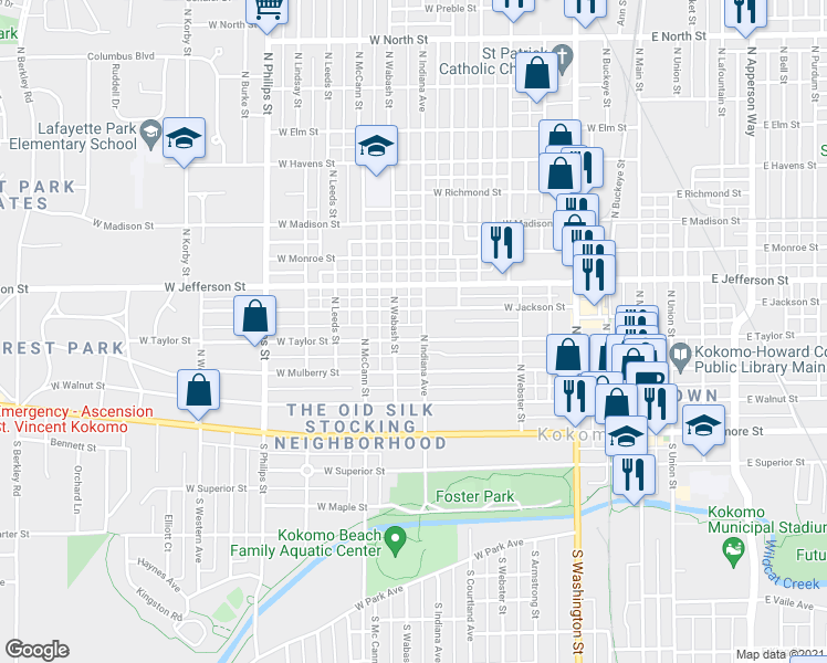 map of restaurants, bars, coffee shops, grocery stores, and more near 808 West Taylor Street in Kokomo