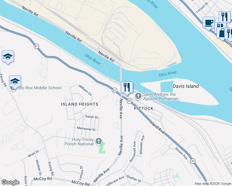 map of restaurants, bars, coffee shops, grocery stores, and more near 1613 Pennsylvania 51 in Coraopolis