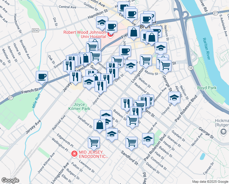map of restaurants, bars, coffee shops, grocery stores, and more near 259 Seaman Street in New Brunswick