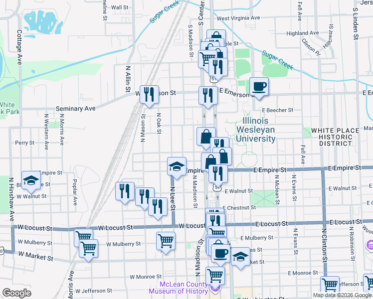 map of restaurants, bars, coffee shops, grocery stores, and more near 1201 North Roosevelt Avenue in Bloomington