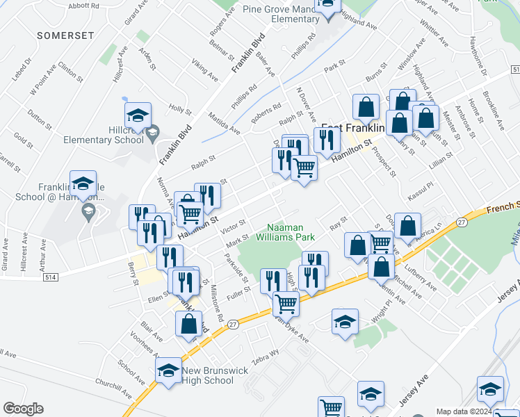 map of restaurants, bars, coffee shops, grocery stores, and more near 129 Victor Street in Franklin Township