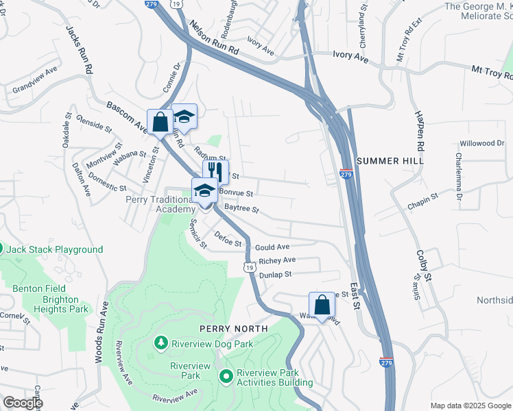 map of restaurants, bars, coffee shops, grocery stores, and more near 3804 Baytree Street in Pittsburgh