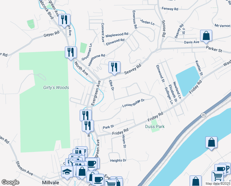 map of restaurants, bars, coffee shops, grocery stores, and more near 209 Elbe Drive in Pittsburgh