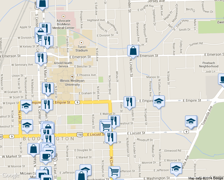 map of restaurants, bars, coffee shops, grocery stores, and more near 1203 N Clinton Blvd in Bloomington
