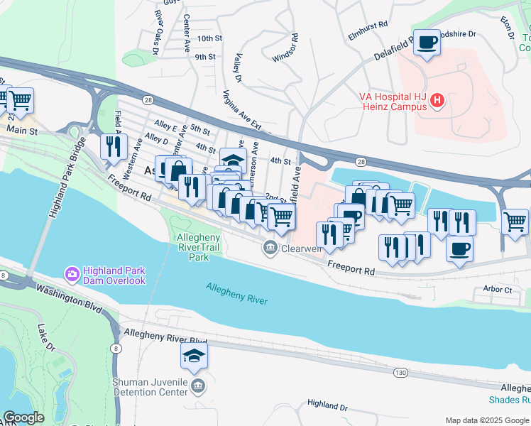 map of restaurants, bars, coffee shops, grocery stores, and more near 122 Virginia Avenue in Sharpsburg