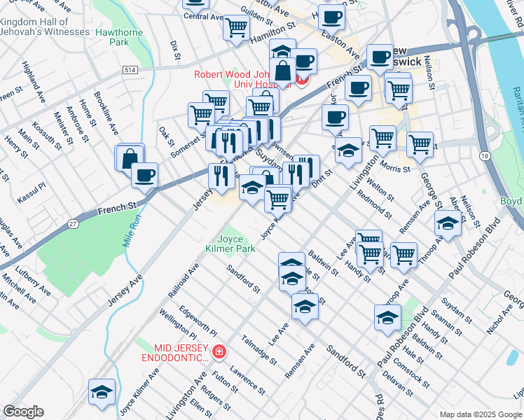 map of restaurants, bars, coffee shops, grocery stores, and more near 259 Baldwin Street in New Brunswick