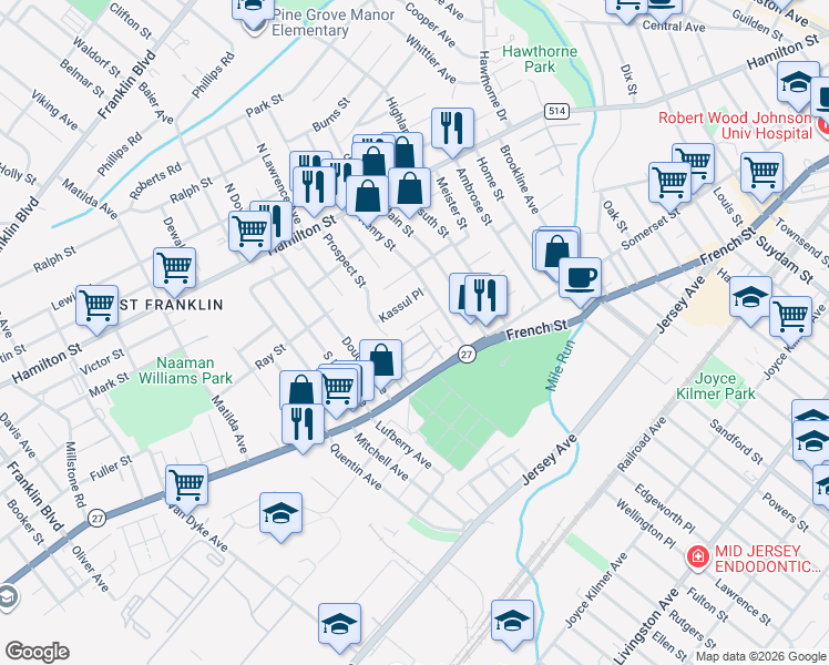 map of restaurants, bars, coffee shops, grocery stores, and more near 5 Liam Street in Franklin Township