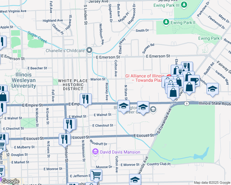 map of restaurants, bars, coffee shops, grocery stores, and more near 1114 Colton Avenue in Bloomington