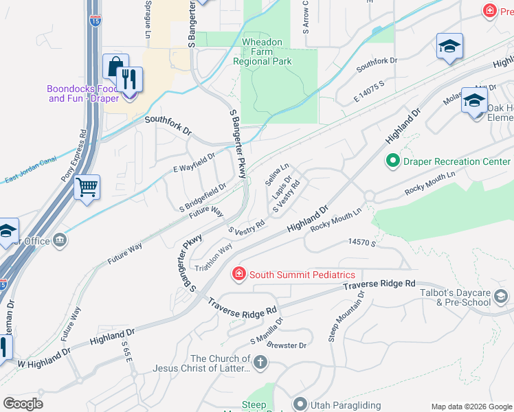 map of restaurants, bars, coffee shops, grocery stores, and more near 14412 Debrian Way in Draper