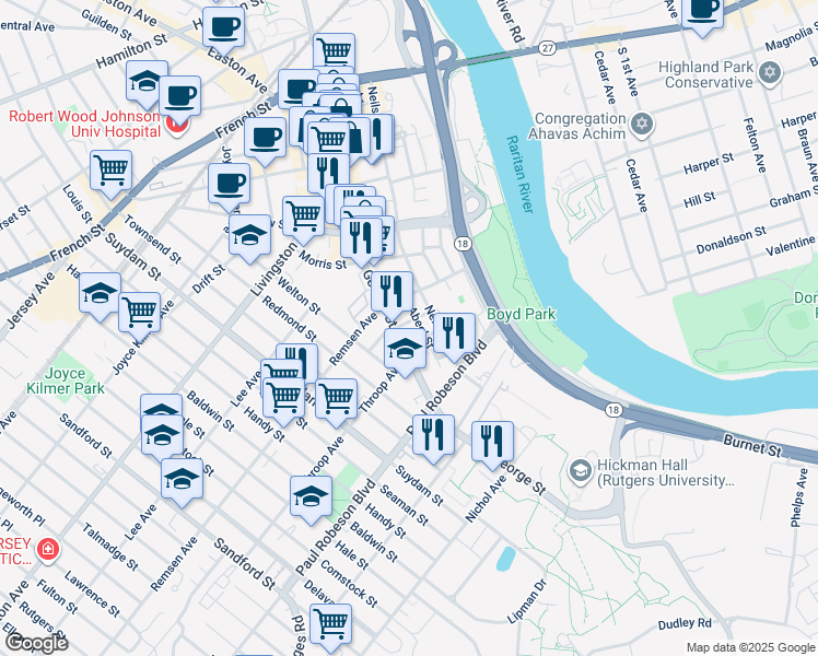 map of restaurants, bars, coffee shops, grocery stores, and more near 50 Hassart Street in New Brunswick