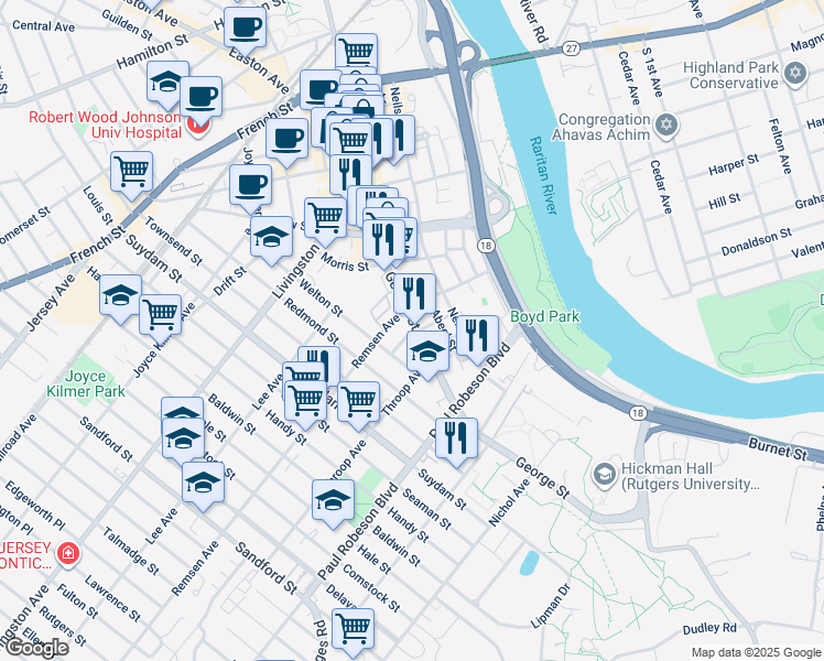 map of restaurants, bars, coffee shops, grocery stores, and more near 71 Hassart Street in New Brunswick