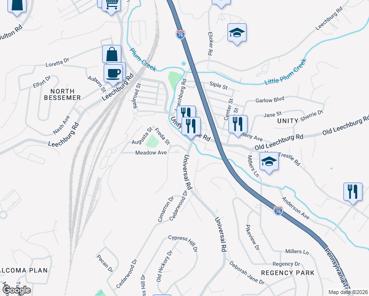 map of restaurants, bars, coffee shops, grocery stores, and more near 3214 Universal Road in Pittsburgh