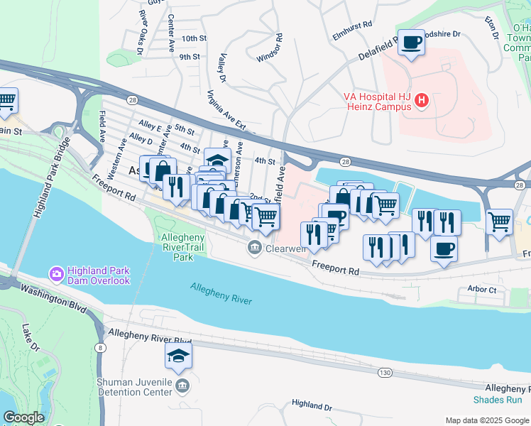 map of restaurants, bars, coffee shops, grocery stores, and more near 123 Delafield Road in Pittsburgh